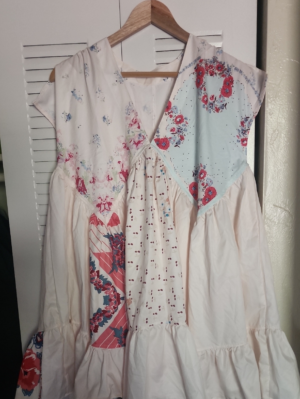 Floral Patchwork Cream and Blue V-Neck Women's Tunic